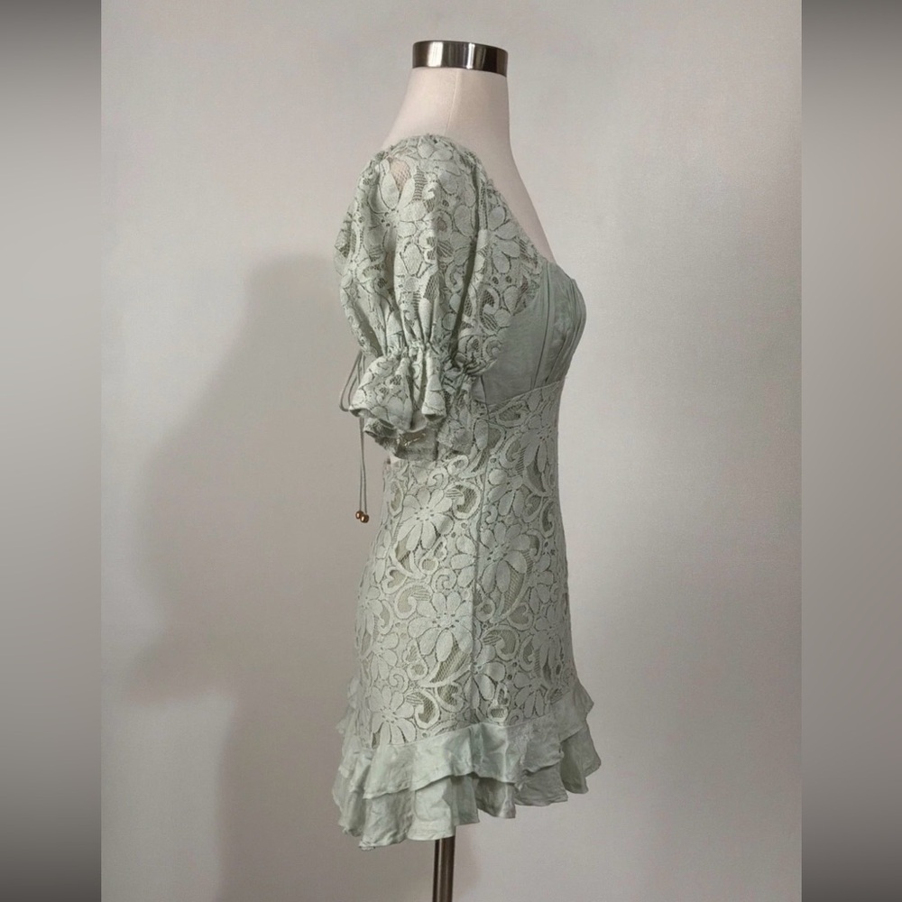 Angel Biba Sage Lace Corset Milkmaid Mini Dress Puff Sleeve Coquette Cottagecore - Picture 6 of 8